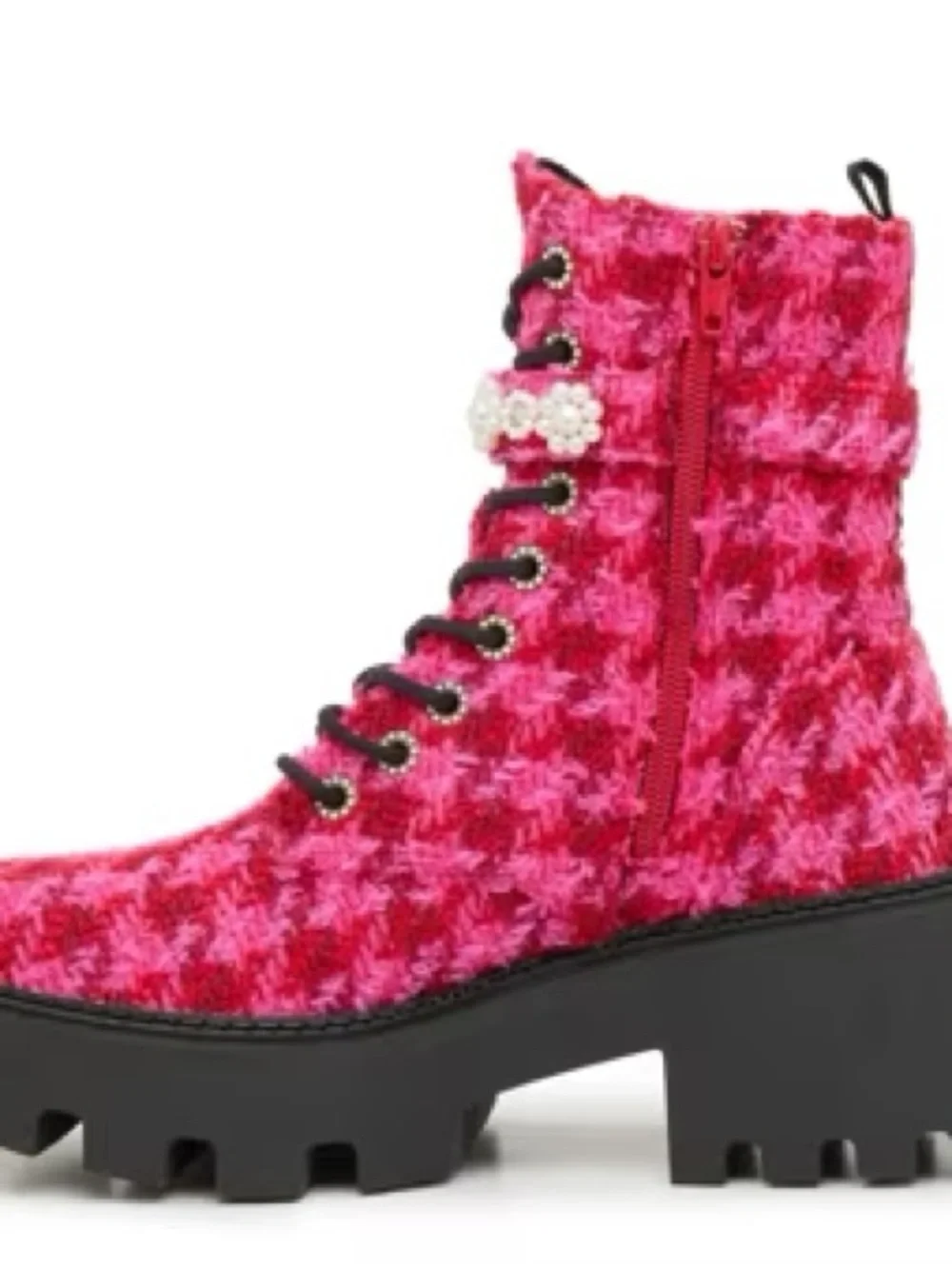 Kids Pink Faux-Fur Lace-Up Combat Boot with Pearl Strap